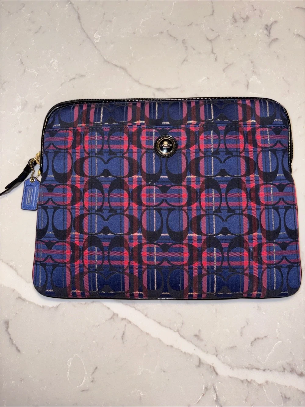 Coach Navy and Pink Plaid Signature Tech Sleeve